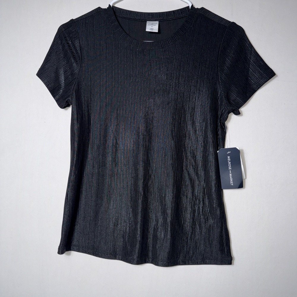 MELROSE and MARKET Women's Stretch Black Short Sleeve Shiny Top Blouse SIZE XS